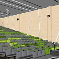 Large Conference Room With Stepped Green Gray Seats Front Screen Windows And Ceiling Lights