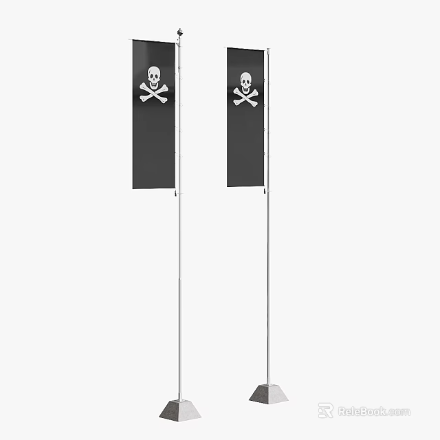 Two Black Flags With Skull And Crossbones Standing On Flagpoles 3d model 