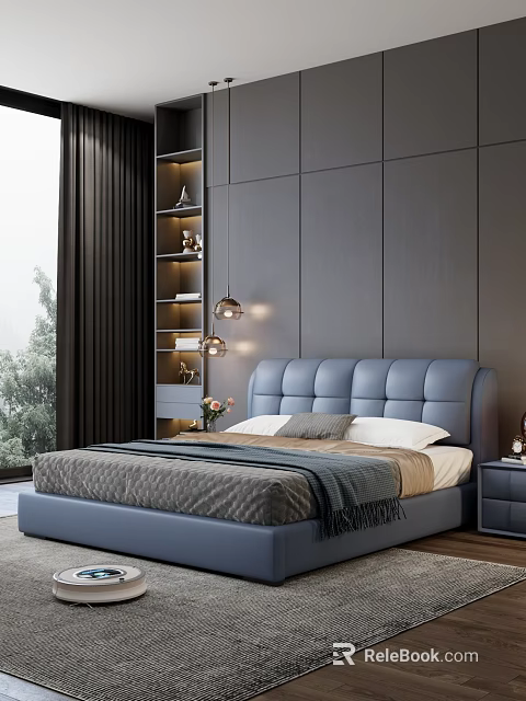 Blue Tufted Double Bed In Modern Bedroom With Grey Paneled Wall And Built In Shelves 3d model 