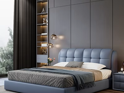 Blue Tufted Double Bed In Modern Bedroom With Grey Paneled Wall And Built In Shelves 3d model