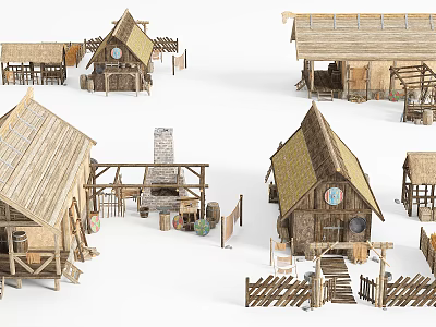 Ancient Architecture Showcasing Traditional Wooden Rural Cottages With Thatched Roofs And Fences 3d model