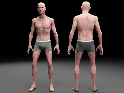 Shirtless Man in Gray Shorts Front and Back View with Skin Texture on Black Background 3d model