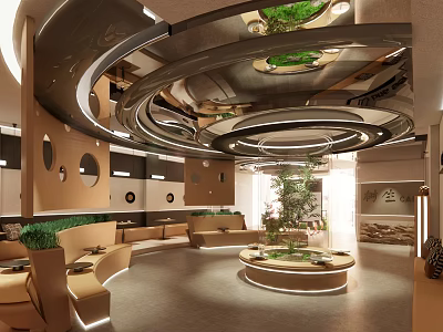 Modern Stylish Café Interior Design With Circular Ceiling Green Plants And Warm Lighting 3d model