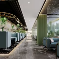 Elegant Modern Restaurant Interior With Marble Floor Crystal Curtain Green Plants And Gray Seats