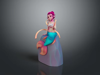 Colorful Mermaid Character With Pink Hair And Blue Tail On Rock Base 3d model