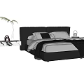 Modern Double Bed With Black Headboard Soft Pillows Bedside Table And Decorative Plants 3d model