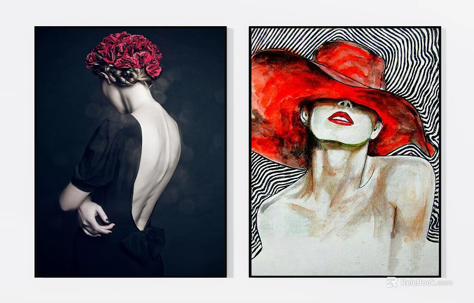 Portrait Paintings of Women with Red Floral Headpiece and Red Hat Artwork 3d model 