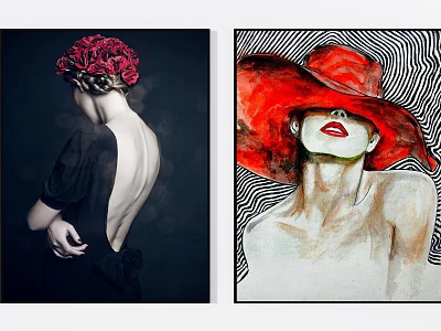 Portrait Paintings of Women with Red Floral Headpiece and Red Hat Artwork 3d model