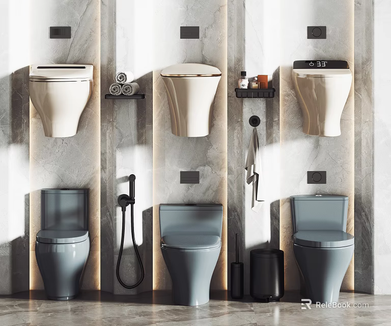 Modern Bathroom Toilet Design With Various Styles White Gray And Shelves Towel Racks Toilet Brushes 3d model 