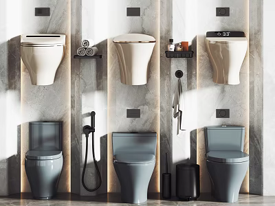 Modern Bathroom Toilet Design With Various Styles White Gray And Shelves Towel Racks Toilet Brushes 3d model