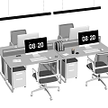 Contemporary Office Desk Setup Featuring Computer Monitors Digital Clock Chairs And Hanging Lights 3d model