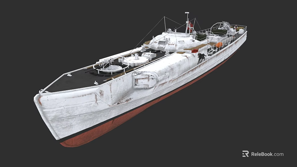 White Naval Warship With Red Hull And Deck Equipment On Black Background 3d model 