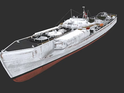 White Naval Warship With Red Hull And Deck Equipment On Black Background 3d model