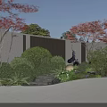 Modern Garden Landscape Design With Perforated Walls Red Maple Trees Shrubs And Crane Statue