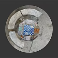 Outdoor Stone Furniture Set With Mosaic Chessboard Table And Curved Benches