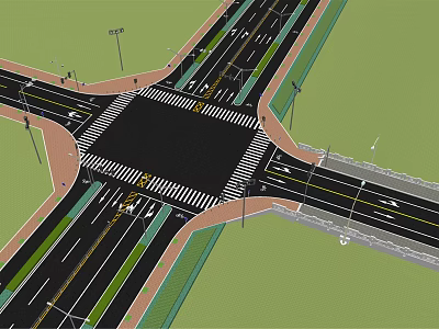 Road Infrastructure Design With Crossroad Intersection Traffic Lights Zebra Crossings Lane Markings And Green Medians 3d model