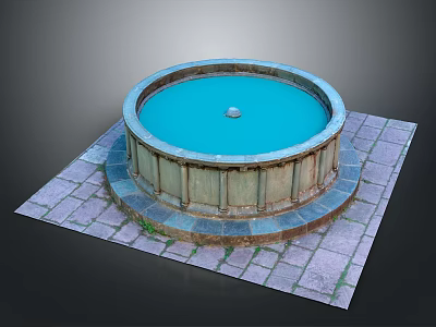 Outdoor Circular Stone Pool With Blue Water Central Stone And Stone Pavement 3d model