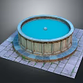 Outdoor Circular Stone Pool With Blue Water Central Stone And Stone Pavement