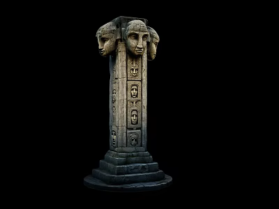 Intricate Microtopography Stone Pillar With Carved Faces Square Carvings And Black Background 3d model
