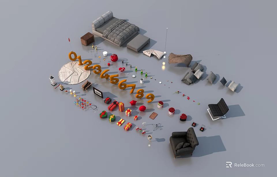 Assorted Home Decorative Ornament Set with Sofa Bed Lamp Fruit Figurines and Clock 3d model