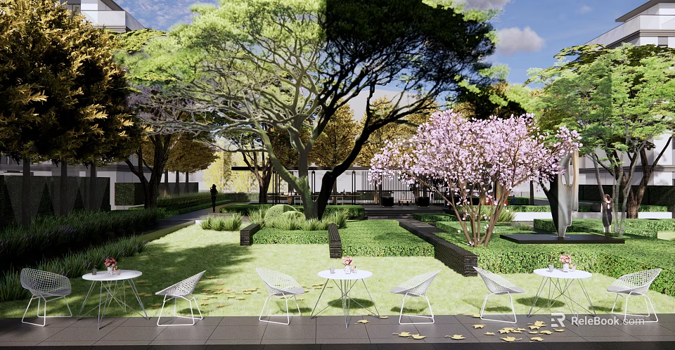 Residential Landscape Design With Green Lawn Flowering Trees And White Garden Furniture 3d model 