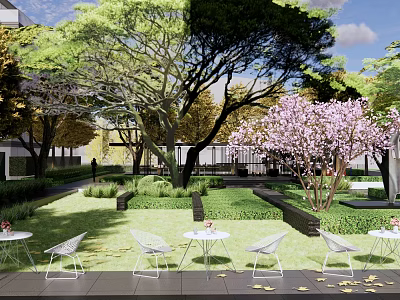 Residential Landscape Design With Green Lawn Flowering Trees And White Garden Furniture 3d model