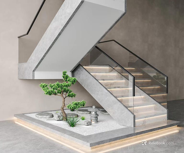 Modern Concrete Staircase with Glass Railing and Underneath Small Garden Trees Stones Plants Warm Lighting 3d model 