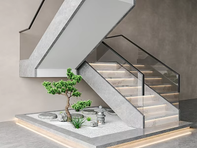 Modern Concrete Staircase with Glass Railing and Underneath Small Garden Trees Stones Plants Warm Lighting 3d model