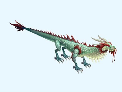 Green Dragon With Red Mane Tail And Sharp Claws In Traditional Style 3d model