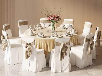 Banquet Hall Interior With Round Dining Table Golden Tablecloth White Chairs Beige Bows And Tableware 3d model