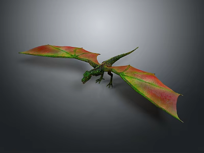 3D Dragon with Green Body and Red Green Leaf Like Wings on Gray Background 3d model