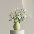 White Small Flowers in Light Green Vase on White Cylindrical Pedestal with Light Background