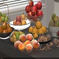 Assorted Fresh Fruits Red Apples Pears Peaches in Bowls Basket and Glass Containers on Table