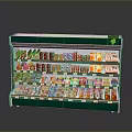 Green And White Display Shelf With Multiple Layers Stocked With Beverages And Snacks
