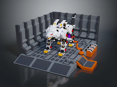 Modern Gray Display Cabinet With Mechanical Figurine And Orange Parts 3d model