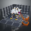 Modern Gray Display Cabinet With Mechanical Figurine And Orange Parts
