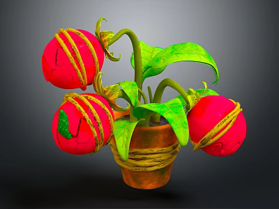 Potted Plant With Green Leaves And Red Fruits In Orange Rope Decorated Pot 3d model