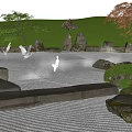 Serene Indoor Zen Landscape With White Gravel Rocks Maple Trees And Bird Sculptures