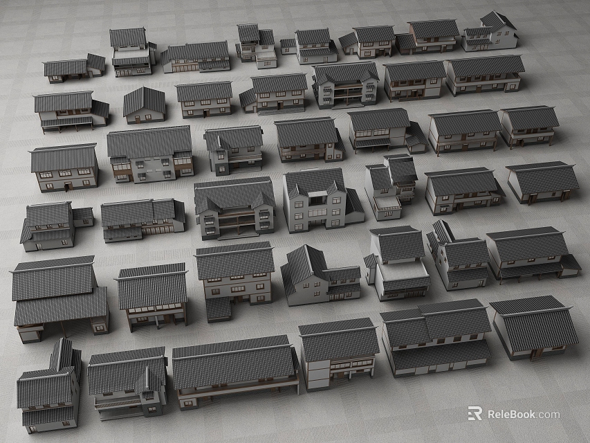 Different Styles of Japanese House Models with Dark Roofs Neatly Arranged 3d model 
