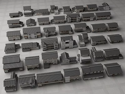 Different Styles of Japanese House Models with Dark Roofs Neatly Arranged 3d model