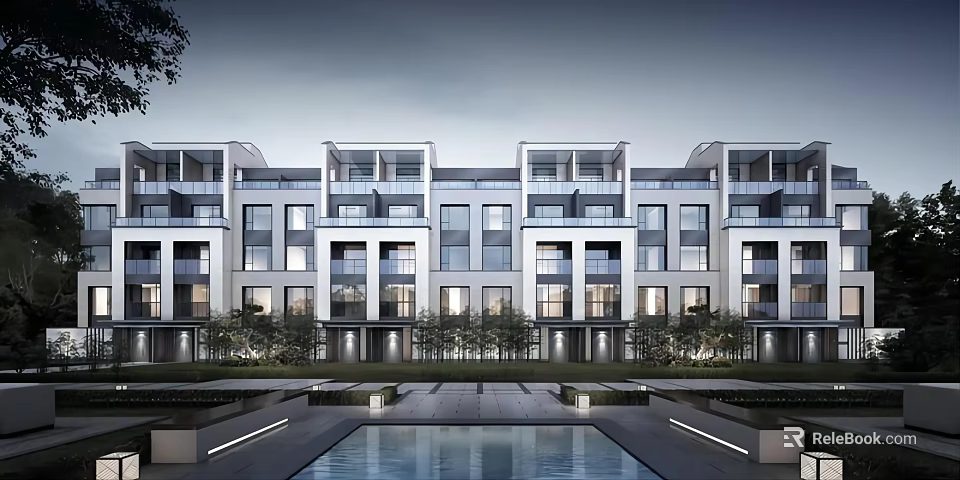 Modern Townhouse Exterior Design With Glass Windows Balconies And Swimming Pool 3d model 