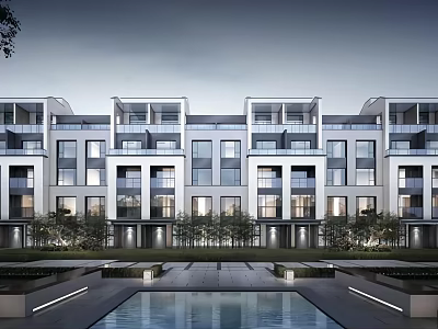 Modern Townhouse Exterior Design With Glass Windows Balconies And Swimming Pool 3d model