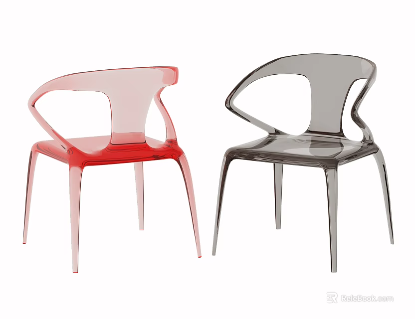 Modern Transparent Accent Chairs in Red and Gray with Sleek Armrest Design 3d model 