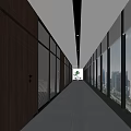 Modern Office Corridor With Wooden Doors Glass Partitions Blinds Gray Carpet And City View