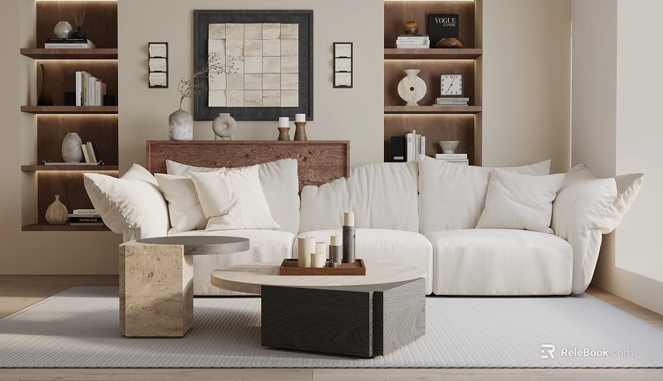 Modern Interior With White Sofa Plush Cushions Wooden Stone Coffee Tables Bookshelves Wall Art 3d model 