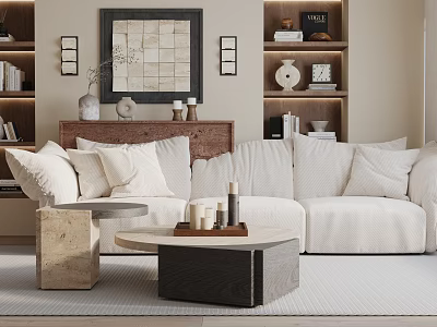 Modern Interior With White Sofa Plush Cushions Wooden Stone Coffee Tables Bookshelves Wall Art 3d model