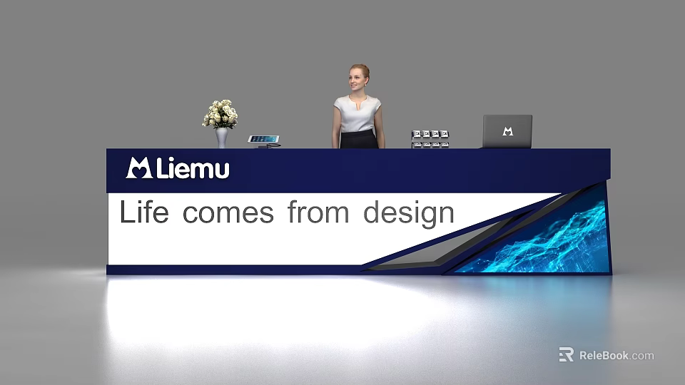 Modern Liemu Reception Desk With Flower Arrangement Laptop And Design Slogan 3d model 