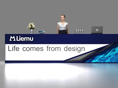Modern Liemu Reception Desk With Flower Arrangement Laptop And Design Slogan 3d model