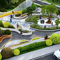 Modern Park Landscape With Curved Pathways Circular Seating Water Inspired Pavement And Greenery