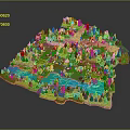 3D Cartoon Island Community With Small Houses Trees Lake And Green Spaces